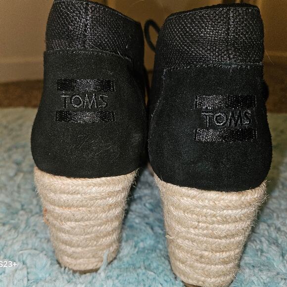 TOMS Burlap Black Ankle Boots Espadrille Wedge Heel - Picture 2 of 5
